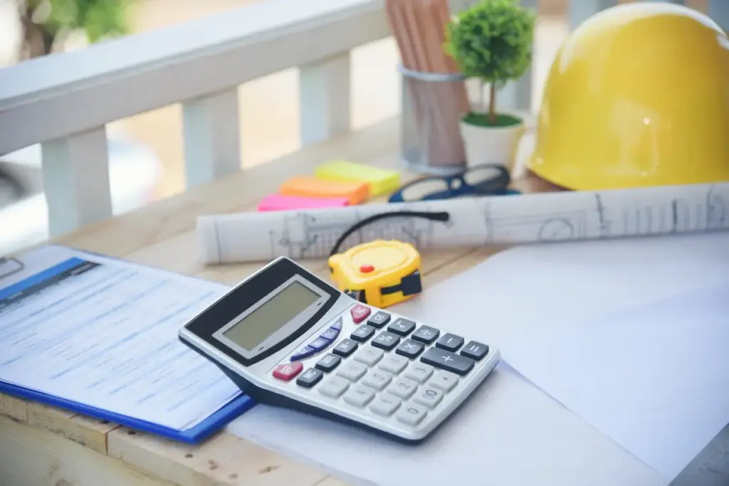 A calculator, rolled blueprints, measuring tape, and a yellow hard hat on a desk for construction bookkeeping.