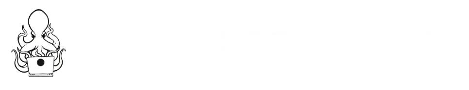 Logo for Kraken Bookkeeping featuring an illustration of an octopus using a laptop next to the company name.