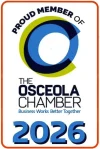 Logo for The Osceola Chamber, featuring a blue and green “C” emblem, the text “Proud Member of,” “Business Works Better Together,” and the year “2026,” representing professional small business bookkeeping services.